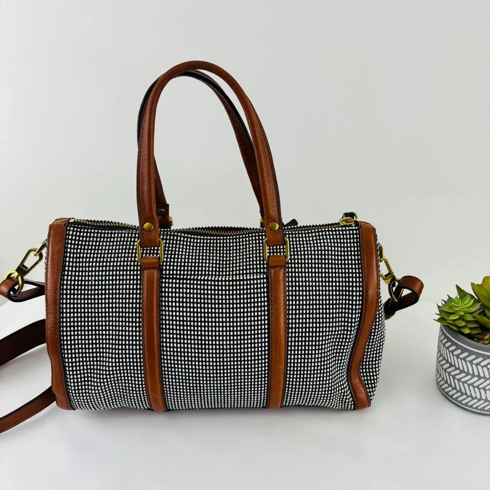 Fossil Kendall Satchel Tote Crossbody Shoulder Bag Jute Leather Black White Tan